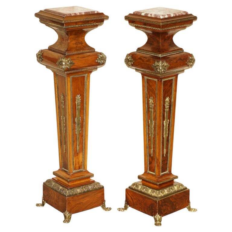 PAIR OF ANTIQUE GILT BRONZE MOUNTED BURR WALNUT MARBLE TOPPED PEDESTAL STANDS