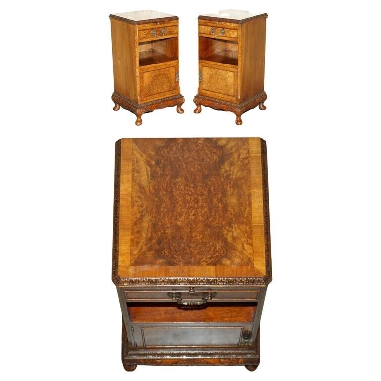 PAIR OF ANTIQUE RESTORED BURR WALNUT BEDSIDE TABLES BUTLERS GLASS SERVING TRAYS