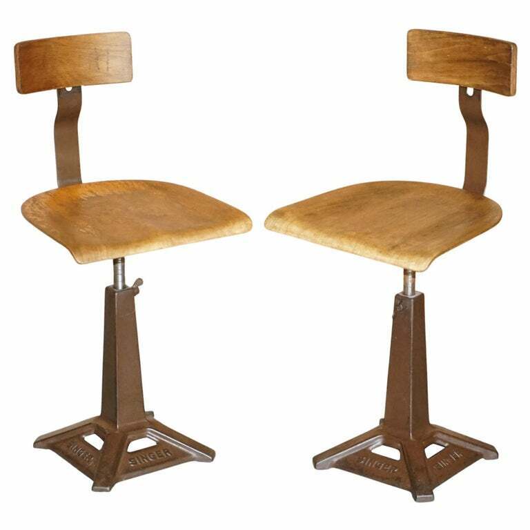 PAIR OF ANTIQUE SINGER SEWING MACHINE WORK CHAIRS HEIGHT ADJUSTABLE BAR STOOLS