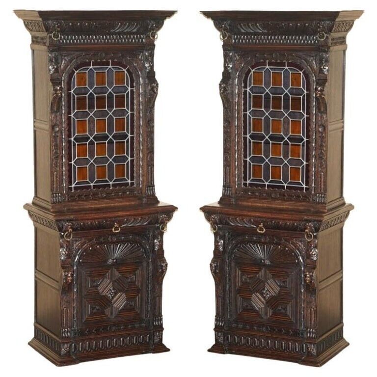 PAIR OF ANTIQUE VICTORIAN 1860 JACOBEAN GOTHIC REVIVAL STAINED GLASS BOOKCASES