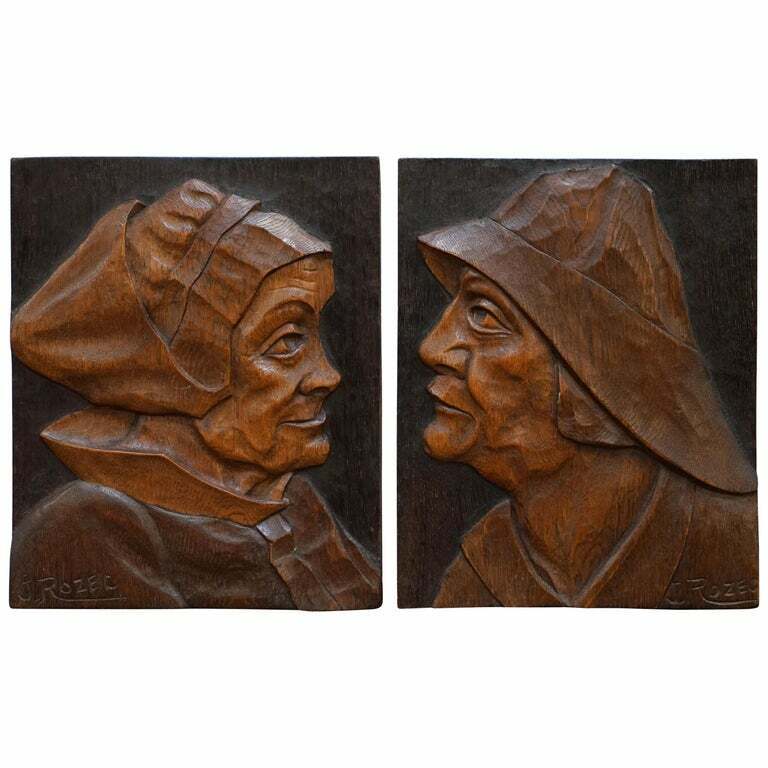 PAIR OF RARE HAND WOOD CARVED WALNUT J ROZEC SIGNED PORTRAITS FISHERMAN & WIFE