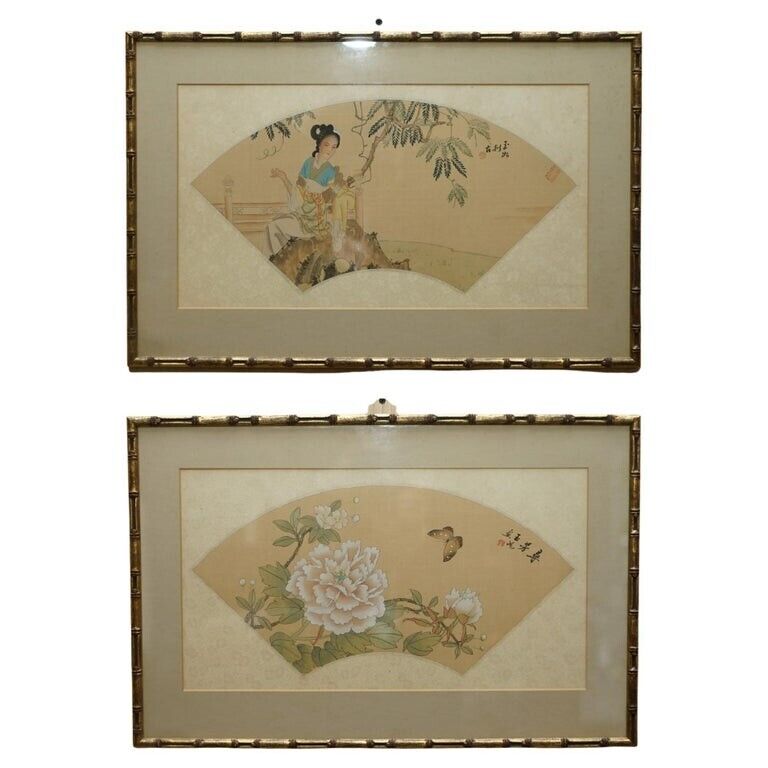 PAIR OF SIGNED ANTIQUE CHINESE WATERCOLOUR SILK PAINTINGS OF GEISHA GIRL FLOWERS