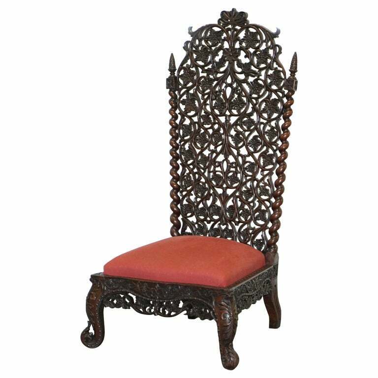 RARE CIRCA 1880 BURMESE SOLID ROSEWOOD HAND CARVED FLORAL CHAIR HIGH BACK ORNATE