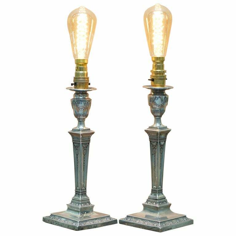 RARE PAIR OF 1879 JAMES BEMBRIDGE STERLING SILVER CORINTHIAN CANDLESTICK LAMPS