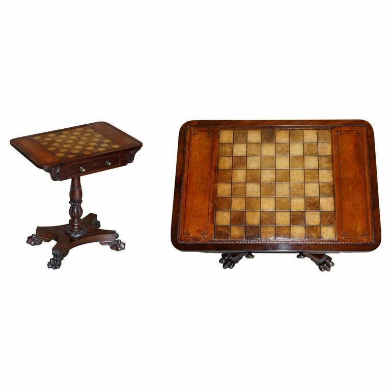 RARE WILLIAM IV MAHOGANY OCCASIONAL TABLE WITH BROWN LEATHER CHESS GAMES TOP
