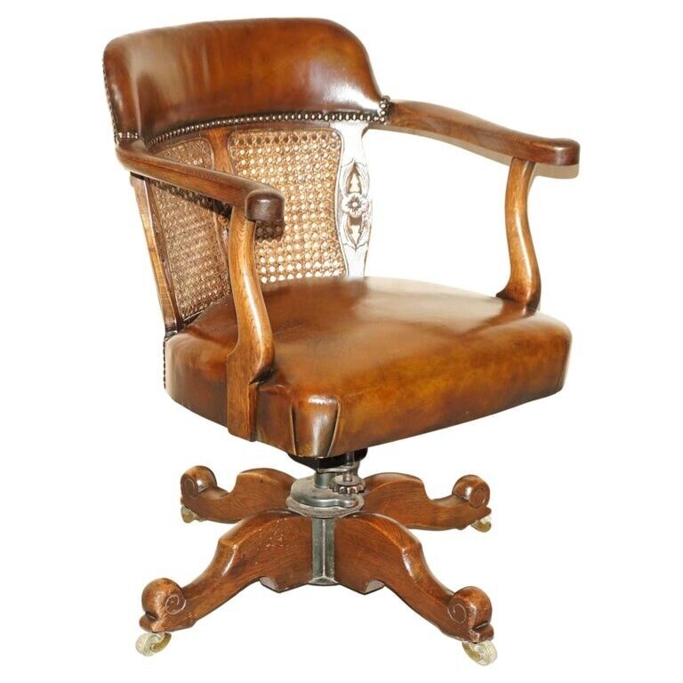 RESTORED ANTIQUE CIR 1880 BERGERE & BROWN LEATHER BARREL BACK CAPTAINS CHAIR