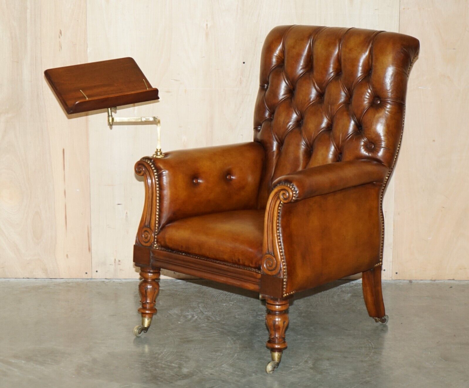 RESTORED ANTIQUE WILLIAM IV CHESTERFIELD BROWN LEATHER ARMCHAIR + WRITING SLOPE