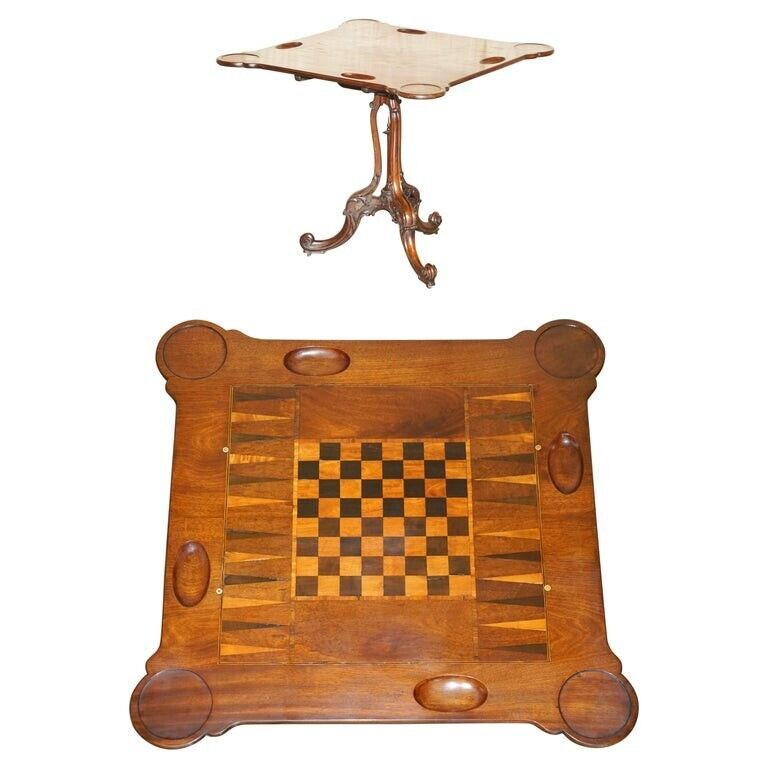 RESTORED VICTORIAN 1880 BURR WALNUT TILT TOP CHESSBOARD BACKGAMMON GAMES TABLE