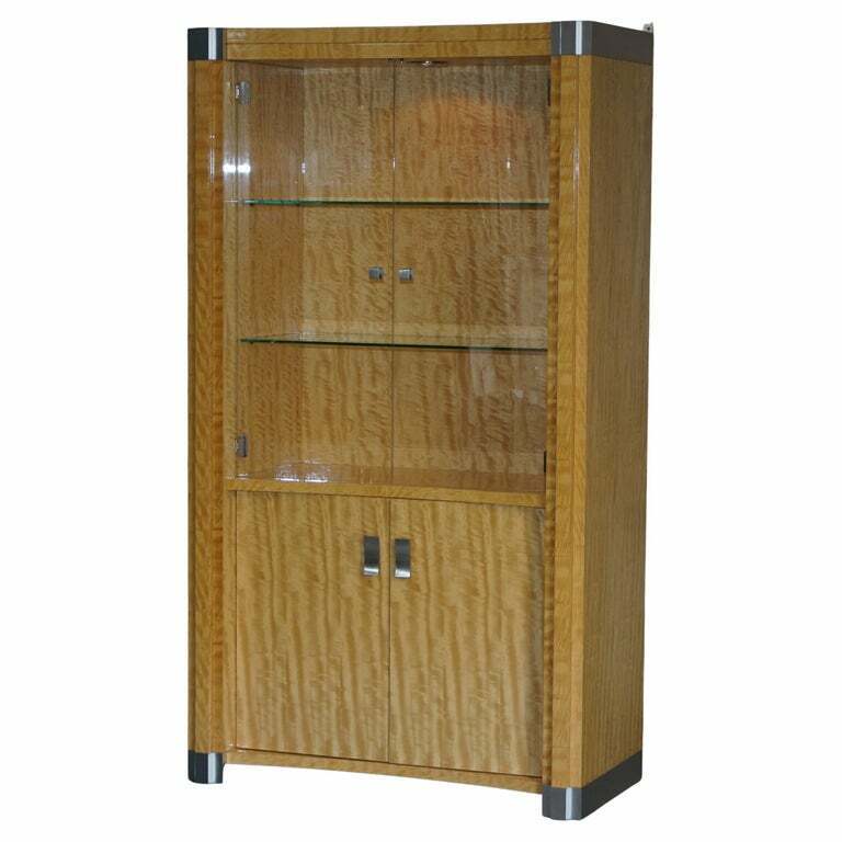 RRP £10,500 GIORGIO COLLECTION BURR SATINWOOD & CHROME DRINKS DISPLAY CABINET