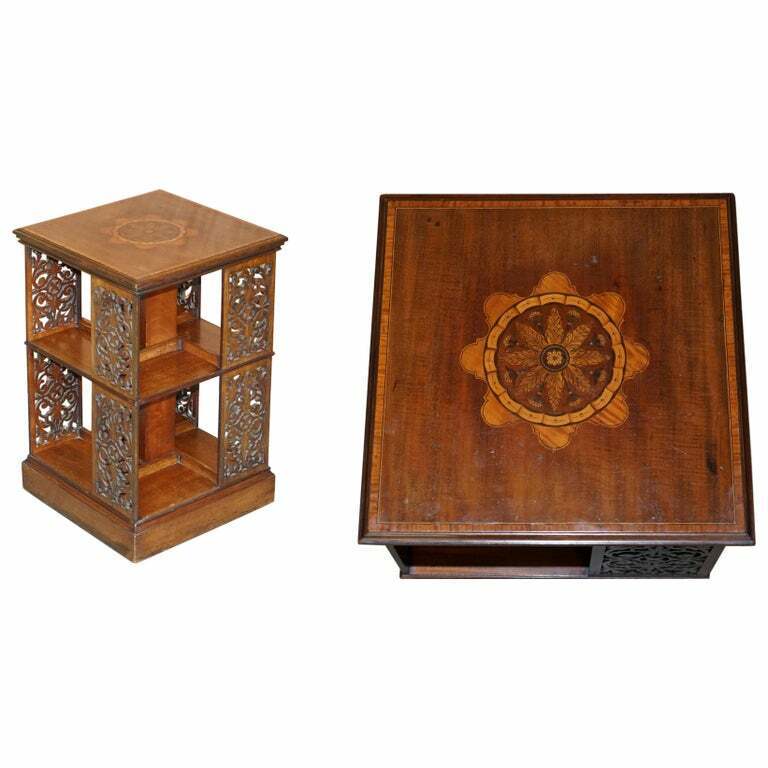 SUBLIME ANTIQUE VICTORIAN FRET WORK CARVED WALNUT & MAHOGANY REVOLVING BOOKCASES