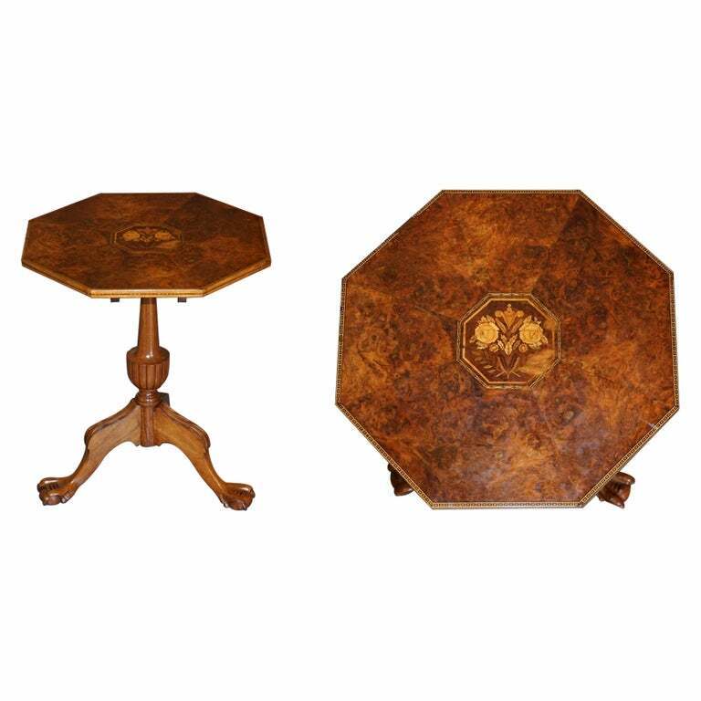 SUBLIME BURR WALNUT & FLAMED MAHOGANY HEXAGON SIDE TABLE WITH CURVED SPADE FEET