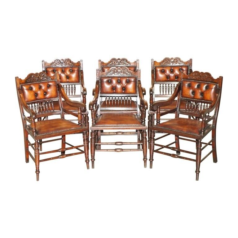 SUITE OF SIX FULLY RESTORED BROWN LEATHER ANTIQUE CHESTERFIELD DINING ARMCHAIRS