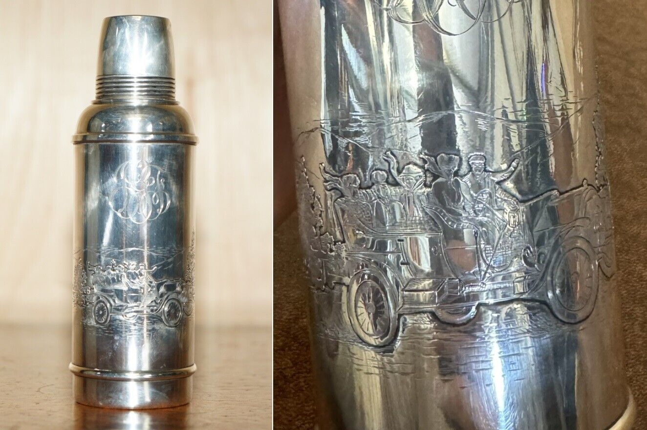 SUPER RARE ANTIQUE EDWARDIAN STERLING SILVER FLASK DEPICTING PEOPLE RACING CARS