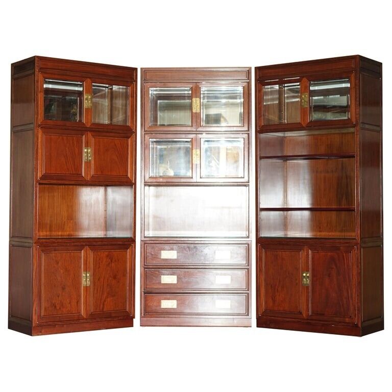 THREE VINTAGE CHINESE ROSEWOOD MILITARY CAMPAIGN BOOKCASE DRINKS CABINET DRAWERS