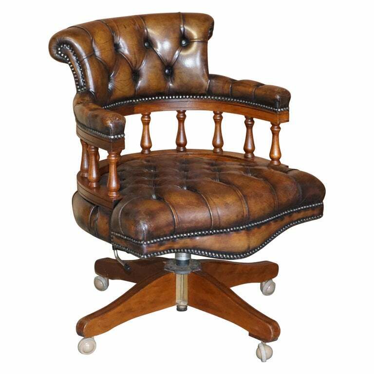 TRADITIONAL RESTORED CIGAR BROWN LEATHER OAK CHESTERFIELD CAPTAINS ARMCHAIR