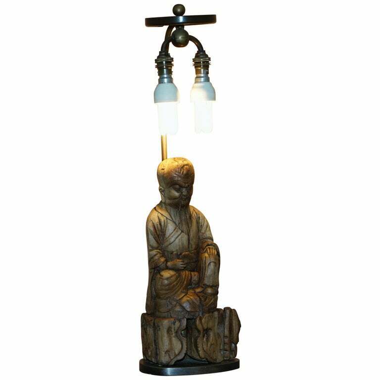 VERY RARE CIRCA 1780-1800 CHINESE ROOTWOOD CARVED STATUE OF BUDDHA TABLE LAMP