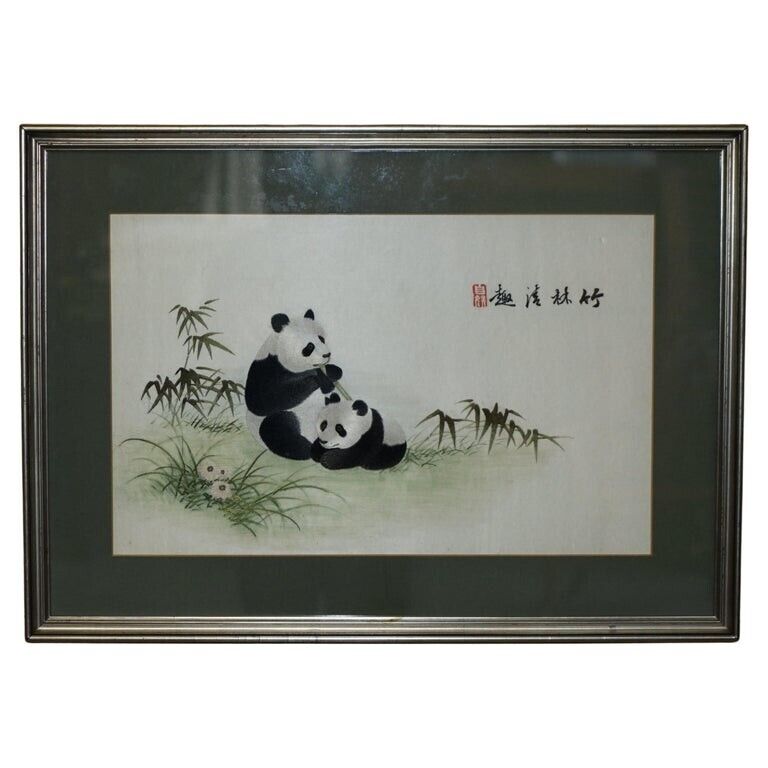 VINTAGE CHINESE SILK EMBROIDERED TAPESTRY DEPICTING PANDAS HAVING FUN IN FOREST