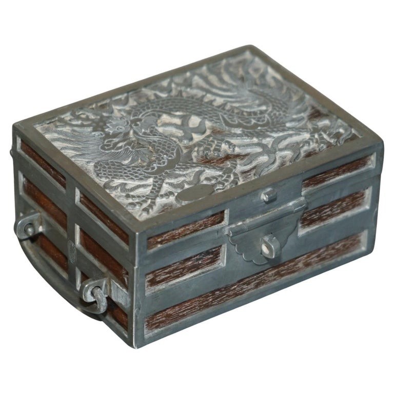 ANTIQUE-CIRCA-1900-CHINESE-KUT-HING-PEWTER-WOOD-CARVED-DRAGON-JEWELLERY-BOX-205812682707