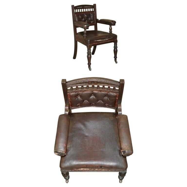 ANTIQUE VICTORIAN AESTHETIC MOVEMENT STYLE LEATHER ARMCHAIR FOR RESTORATION