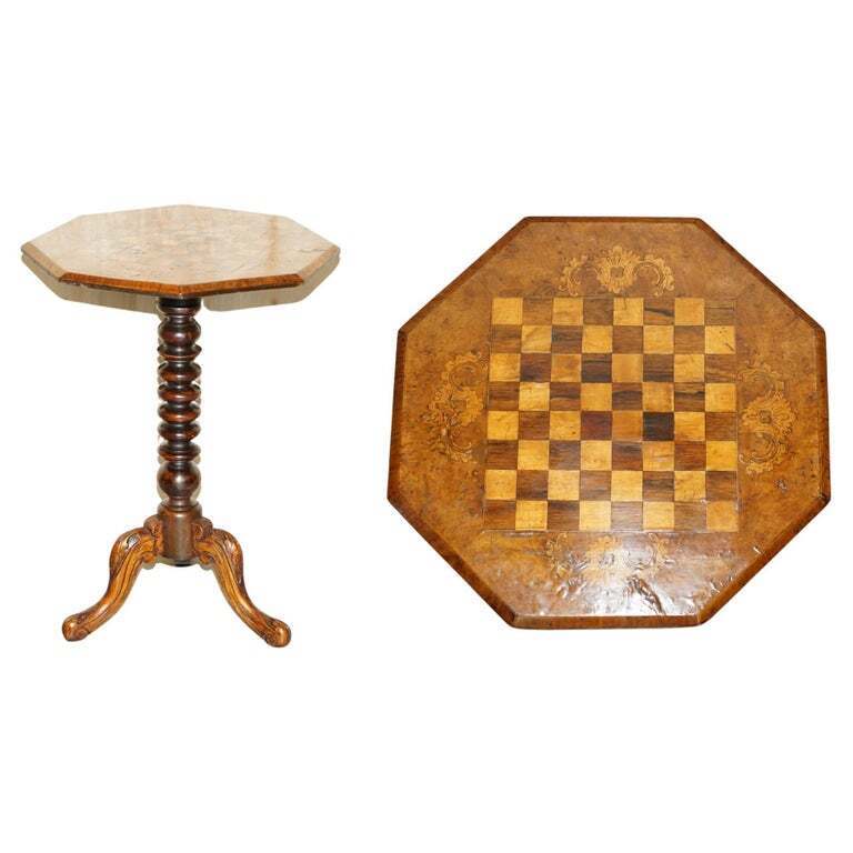 ANTIQUE VICTORIAN CARVED WALNUT & MAHOGANY MARQUETRY INLAID CHESS GAMES TABLE