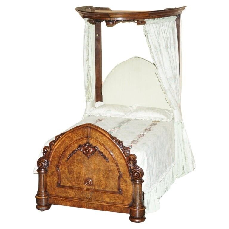 ANTIQUE VICTORIAN CIRCA 1860 HAND CARVED BURR WALNUT HALF TESTER CANOPY BED