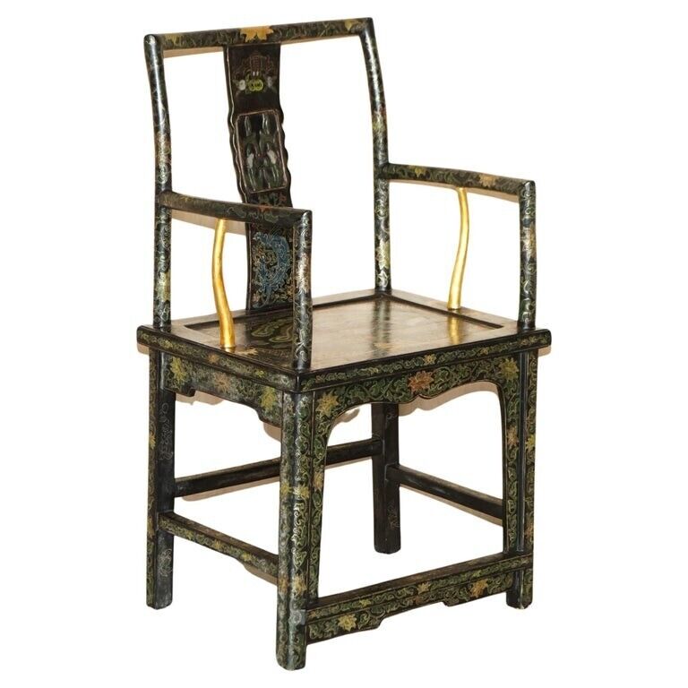CHINESE ANTIQUE EXPORT CIRCA 1900 LACQUERED & PAINTED MING STYLE ARMCHAIR