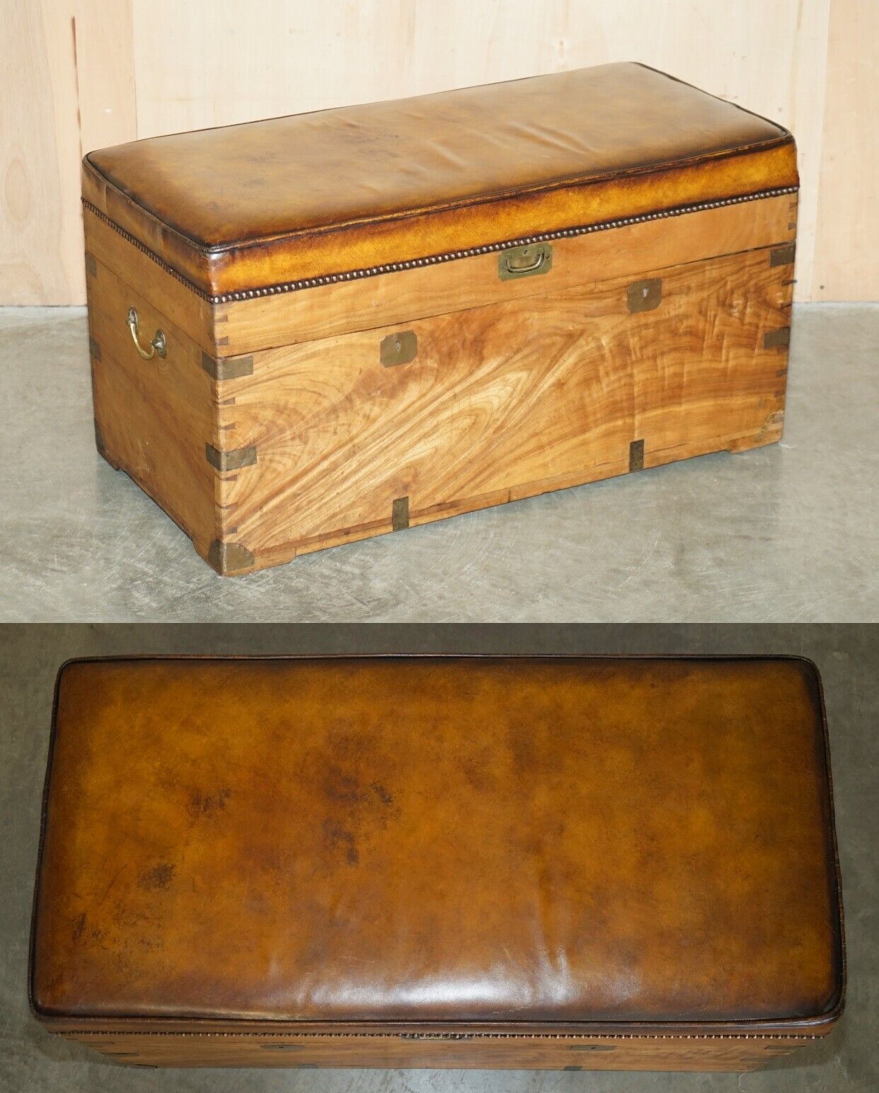 CIRCA 1880 CAMPHOR WOOD & BROWN LEATHER MILITARY CAMPAIGN STORAGE TRUNK BENCH