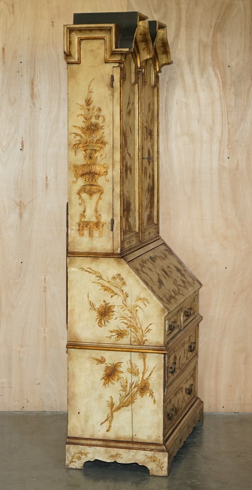 CIRCA-1900-VENETIAN-CHINOISERIE-DECORATED-PARCEL-GILT-BUREAU-BOOKCASE-DRAWERS-205812604857-10