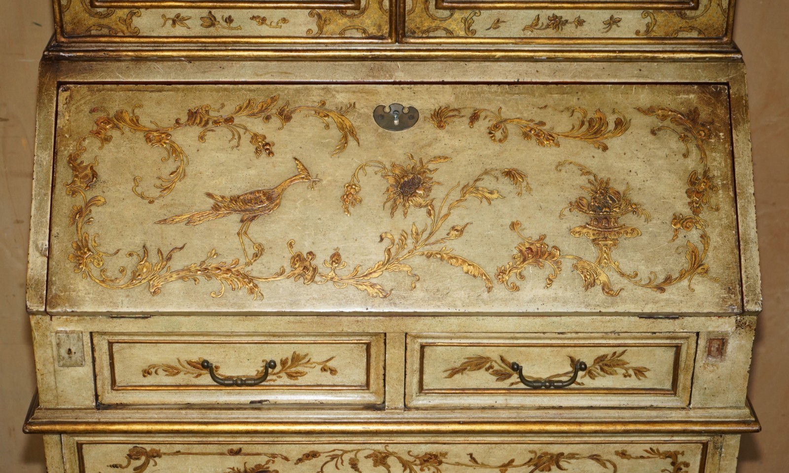 CIRCA-1900-VENETIAN-CHINOISERIE-DECORATED-PARCEL-GILT-BUREAU-BOOKCASE-DRAWERS-205812604857-4