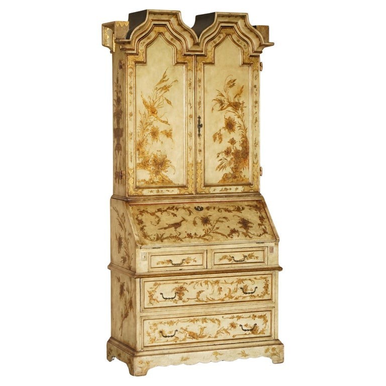 CIRCA-1900-VENETIAN-CHINOISERIE-DECORATED-PARCEL-GILT-BUREAU-BOOKCASE-DRAWERS-205812604857