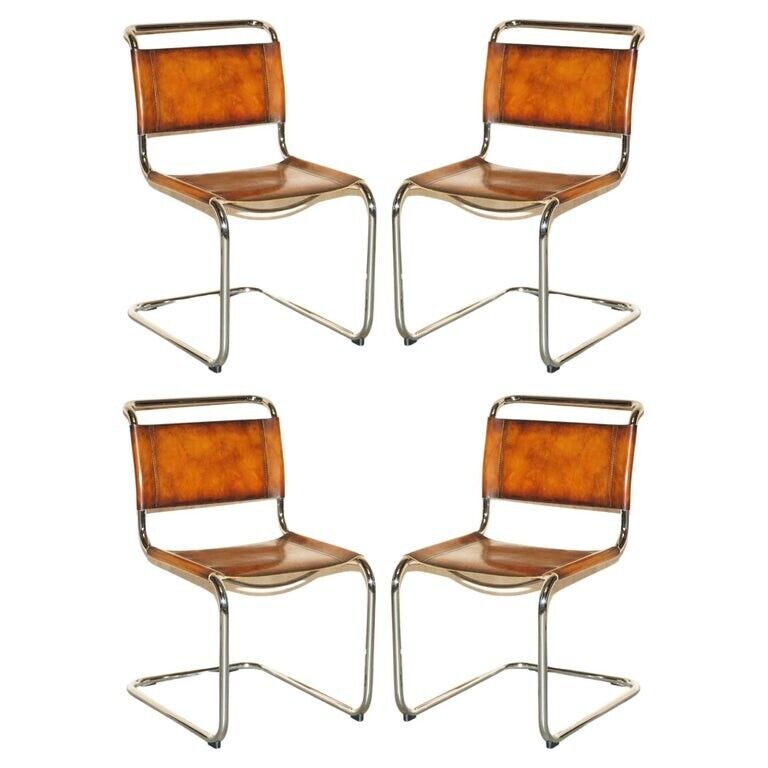 FOUR RESTORED VINTAGE BROWN LEATHER MARCEL BREUER B34 FASEM DINING ARMCHAIRS 4