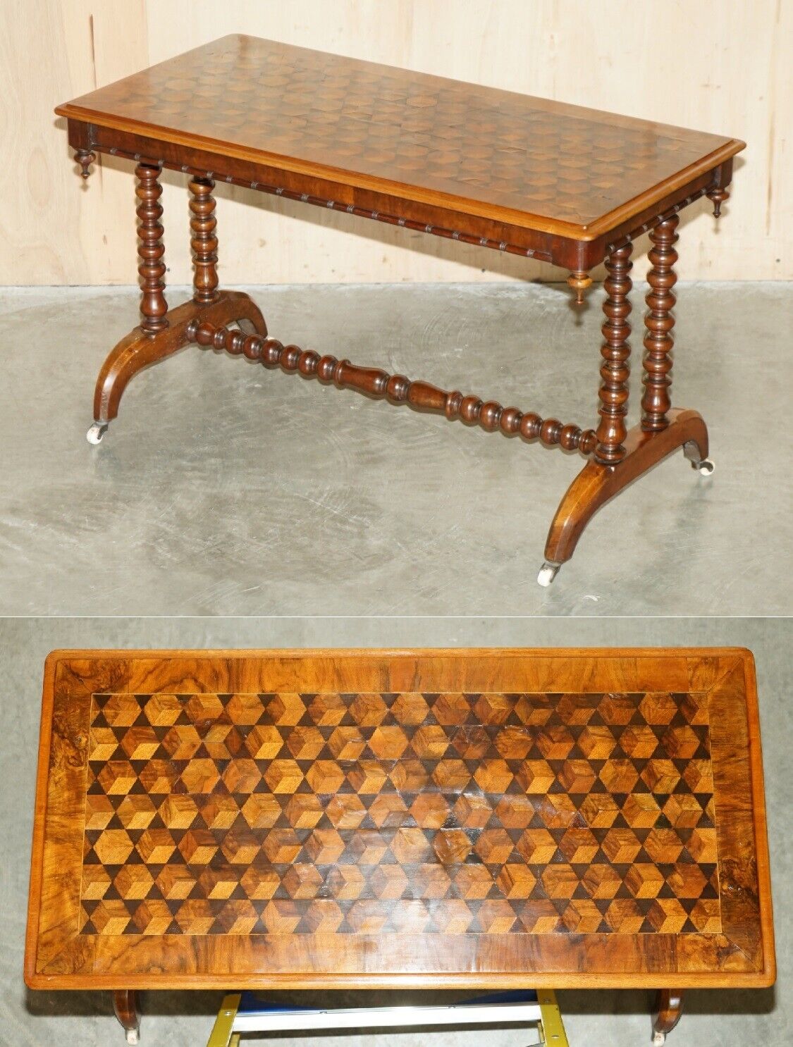 FULLY RESTORED ANTIQUE VICTORIAN WALNUT & MAHOGANY PARQUETRY INLAID COFFEE TABLE