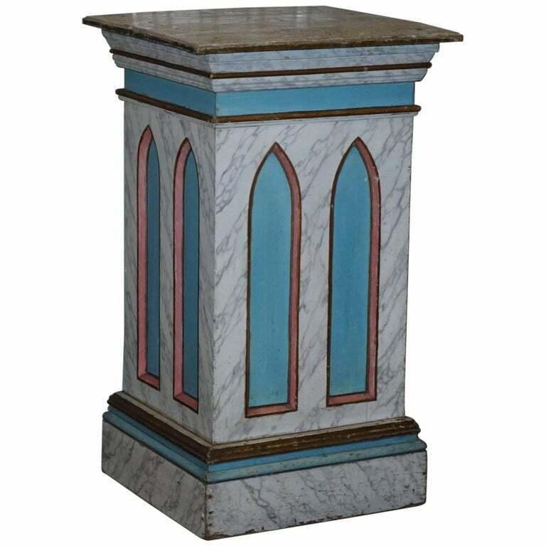 GOTHIC PUGIN VINTAGE FAUX MARBLE PAINTED LARGE PEDESTAL PLINTH FOR MARBLE BUST