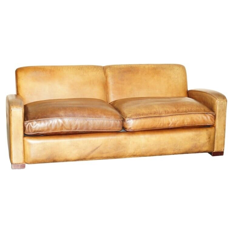HAND DYED BROWN LEATHER ART DECO ODEON STYLE THREE SEAT SOFA FEATHER FILLED SEAT