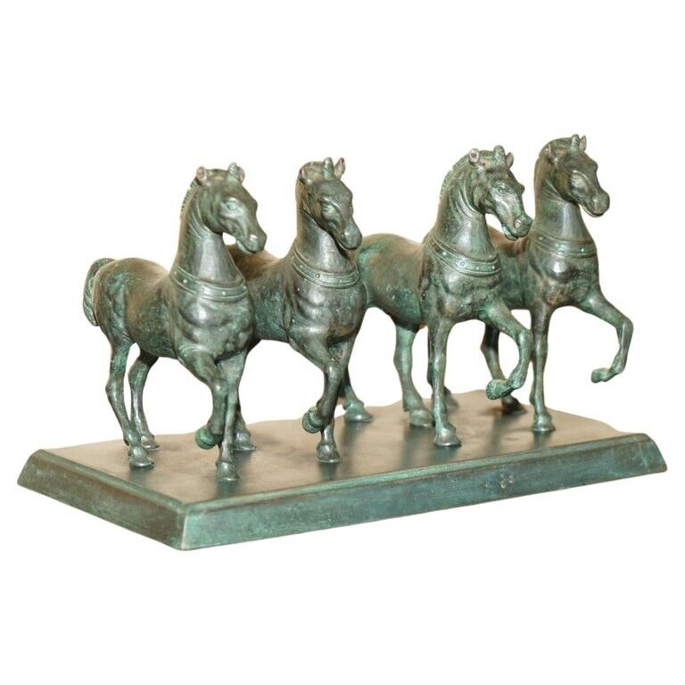 HEAVY ANTIQUE SIGNED GRAND TOUR BRONZE STATUE OF THE FOUR HORSES OF SAINT MARKS