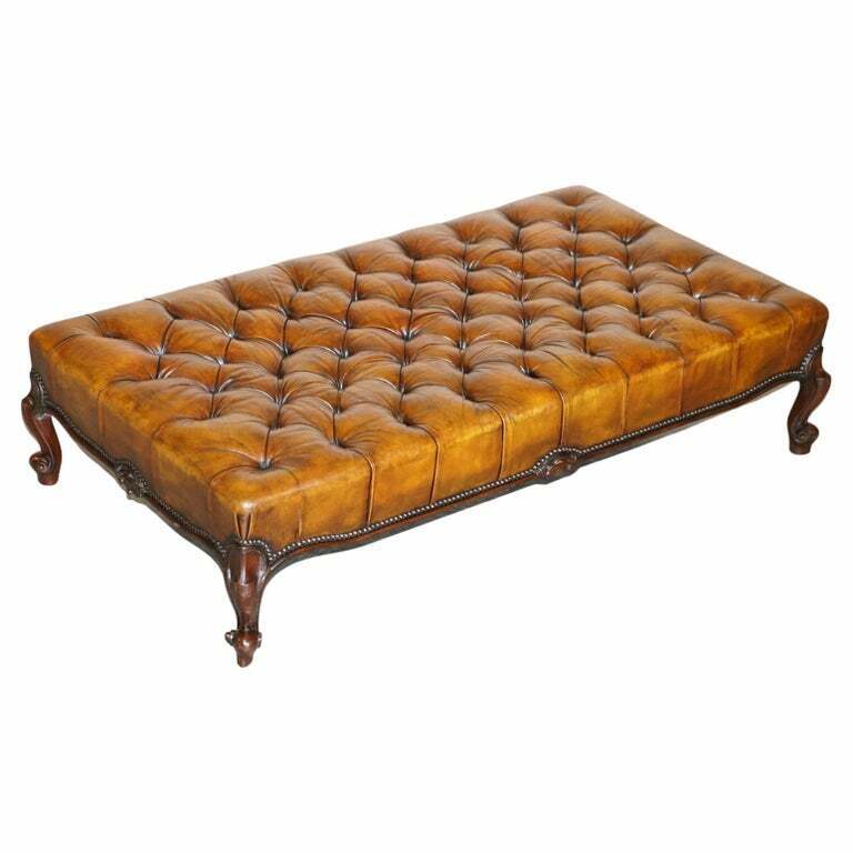 HUGE FULLY RESTORED CHESTERFIELD HAND DYED BROWN LEATHER HEARTH FOOTSTOOL