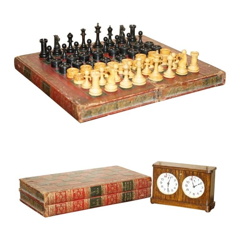 JAQUES LONDON VICTORIAN FAUX BOOK CHESSBOARD STAUNTON PIECES & ROSEWOOD CLOCK