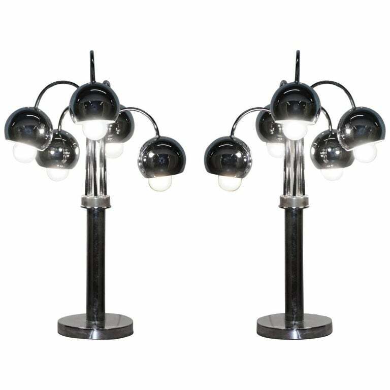 LARGE PAIR OF ORIGINAL AMERICAN ATOMIC CIRCA 1940'S POLISHED CHROME TABLE LAMPS