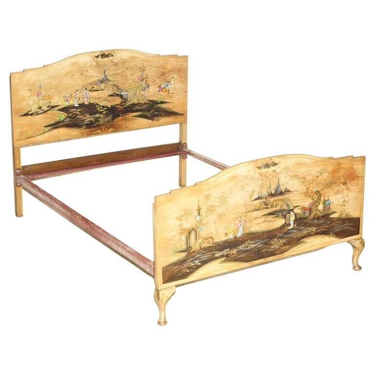 LOVELY DOUBLE SIZED CIRCA 1920 CHINESE CHINOISERIE BEDSTEAD FRAME PART SUITE
