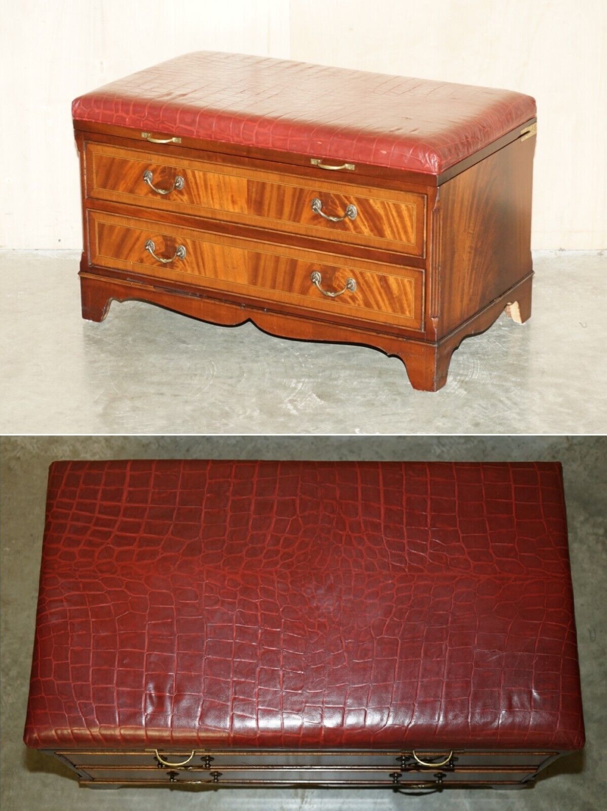 MAHOGANY CROCODILE LEATHER LUGGAGE RACK HALL BENCH SEAT STOOL CHEST OF DRAWERS