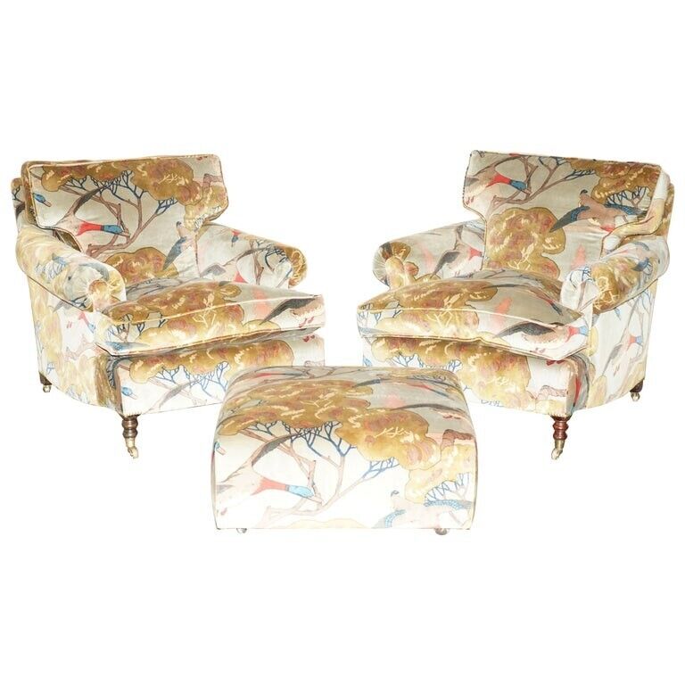 NEW PAIR OF RRP £17,800 GEORGE SMITH FLYING DUCKS ARMCHAIRS & OTTOMAN FOOTSTOOL