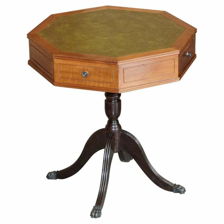 NICE REGENCY STYLE MAHOGANY GREEN LEATHER SIDE END LAMP WINE DRUM TABLE DRAWERS