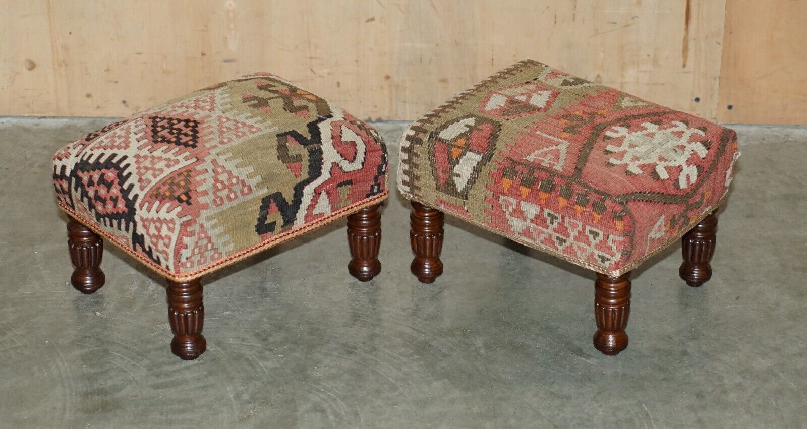 PAIR OF ANTIQUE VICTORIAN KILIM UPHOLSTERED WINGBACK ARMCHAIR FOOTSTOOLS