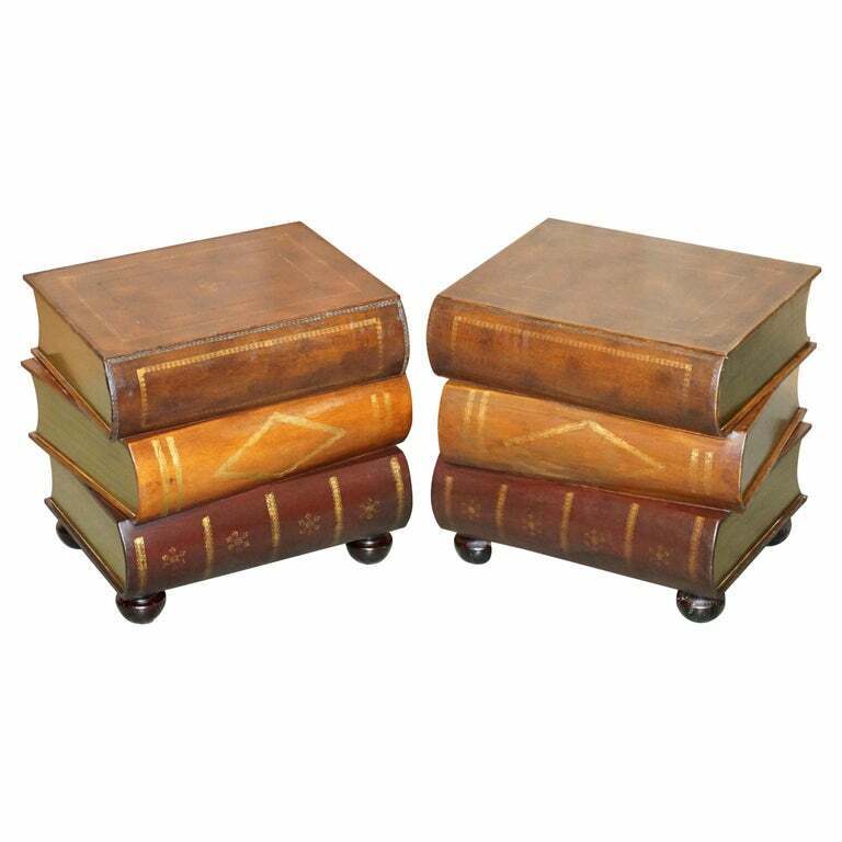 PAIR OF LEATHER BOUND SCHOLARS LIBRARY STACKING BOOKS SIDE TABLES WITH DRAWERS