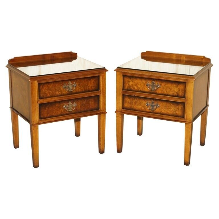 PAIR OF MID CENTURY MODERN ANDREW THOMPSON BURR WALNUT SIDE END BEDSIDE TABLES