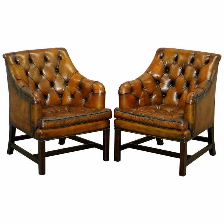 PAIR OF RRP £10,400 GEORGE SMITH RESTORED BROWN LEATHER GEORGIAN ARMCHAIRS DESK