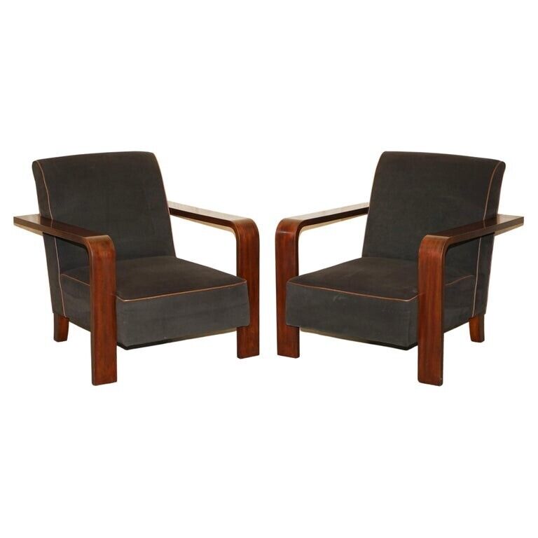 PAIR OF RRP £13130 RALPH LAUREN LOUNGE MODERNE MAHOGANY ARMCHAIRS MOHAIR LEATHER