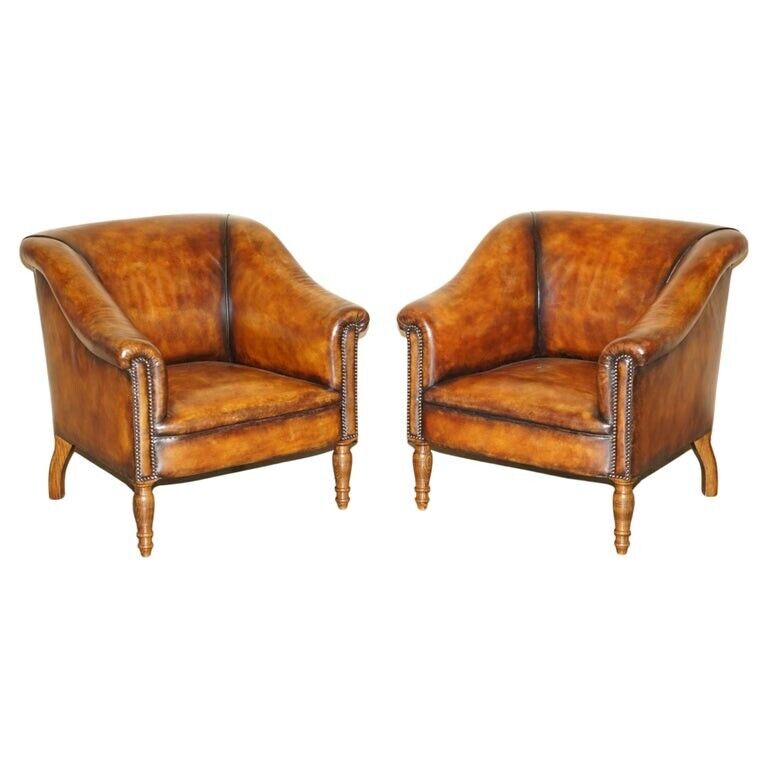 PAIR OF RRP £15,900 GEORGE SMITH SOMERVILLE RESTORED BROWN LEATHER ARMCHAIRS