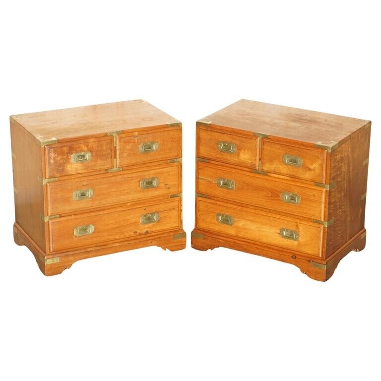 PAIR OF VINTAGE CAMPHOR WOOD MILITARY CAMPAIGN BEDSIDE TABLE NIGHTSTAND DRAWERS