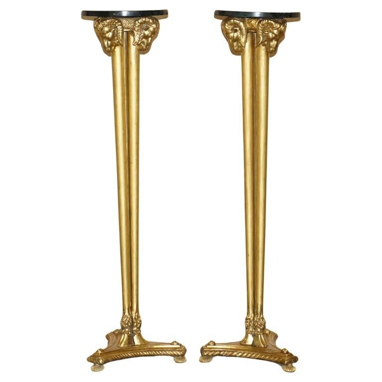 PAIR OF VINTAGE GOLD GILT RAMS HEAD & HOOF TALL TORCHIERE JARDINIERE STANDS